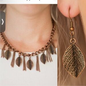 Chic Bronze Leaf Necklace and Earring Copper Set